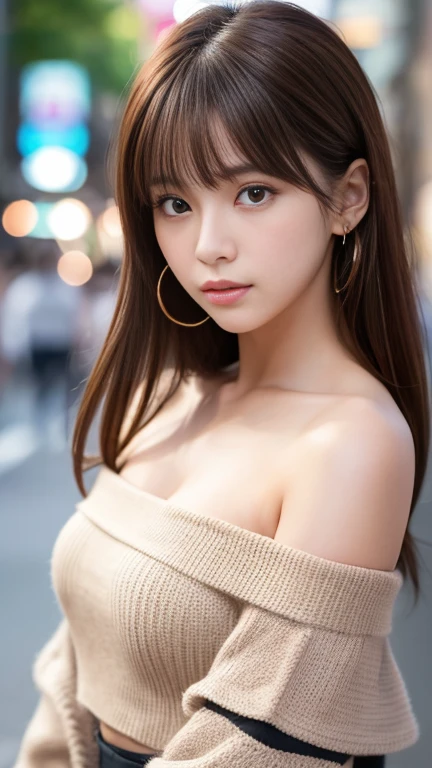 Ultra-high resolution, Superior Quality, Highest quality, Super detailed, Realistic, 8K, RAW Photos, Highest quality, masterpiece, Attractive girl, A wonderful girl, Brown Hair, Shoulder-length layered, Asymmetrical bangs, Japanese Idols, Sophisticated, stylish, Off-the-shoulder tops, Shibuya Ward, 