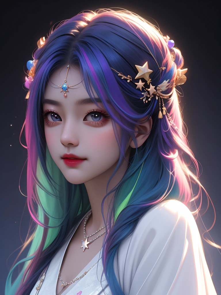 best quality, masterpiece, high resolution, 1 Girl,flirtatious,Seven colored hair,(Charming smile:0.8),Star-shaped pupil,china hanfu,Hair accessories,necklace, Jewelry,Pretty Face,Above_Body, Tyndall effect,Reality, Dark Studio, Rim Light, Two-tone lighting,(High Detail Skin:1.2), 8K uhd, Digital SLR Camera, Soft lighting, high quality, Volumetric Lighting, frank, photo, high resolution, 4K, 8K, Bokeh