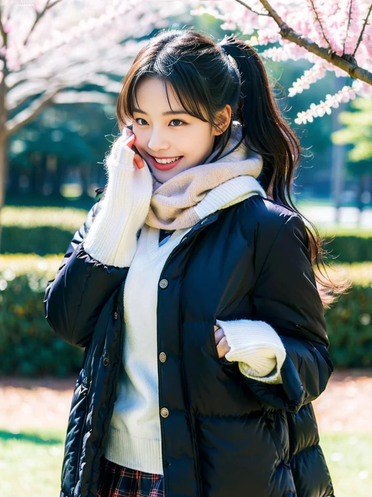 (A super cute Korean schoolgirl wearing a high-end down jacket in the style of a  shyly covers her face:1.2)(Embarrassed look,I grin in embarrassment.:1.1)(Beautiful Sweat:1.1)(16K, RAW Photos, Highest quality, masterpiece: 1.2),(Shiny and beautiful black long hair) Super detailed, Super Resolution, (Genuine, Genuine photos: 1.37), Portraiture, High-resolution RAW color photos, Professional photos, Very detailed, 8k wallpaper, Very detailed CG Unity 8k wallpaper, Very detailed beautiful girls, Very detailed faces, ((whole body)), beautiful woman, Huge breasts,(huge boobs:1.1) (Big Boobs:1.1), beautiful  (Wearing a high-end down jacket in the style of a school uniform),high school girl, Korean Girls,(K-POP Female Idols), (Idol-class beauty)(Beautiful high school girl:1.1)(Blizzard in the park)(16 years old)Date,Fluffy gloves,neck warmer,