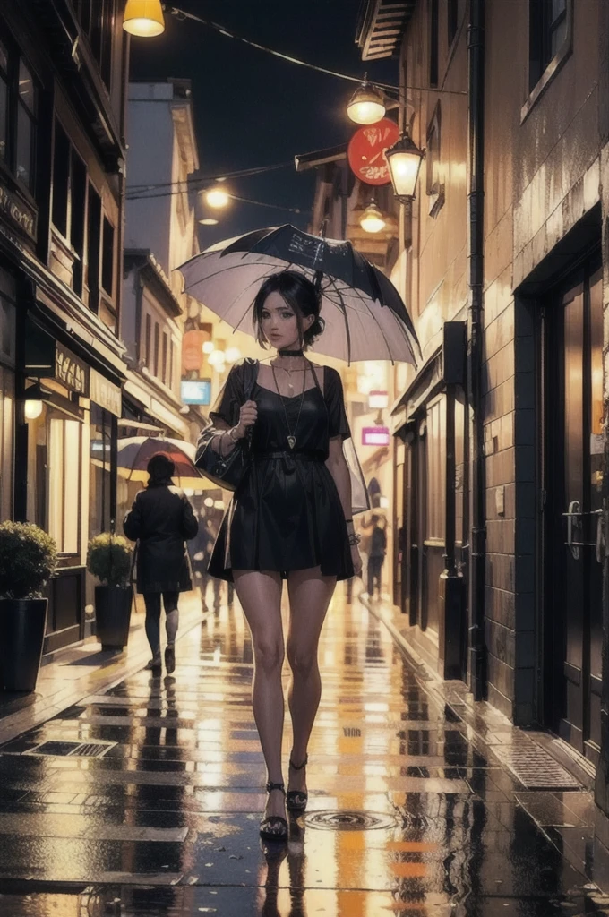雨の街路のnight, rua da cidade night, night,Walking down the street with an umbrella、Add sexy and beautiful random adult women in transparent clothing