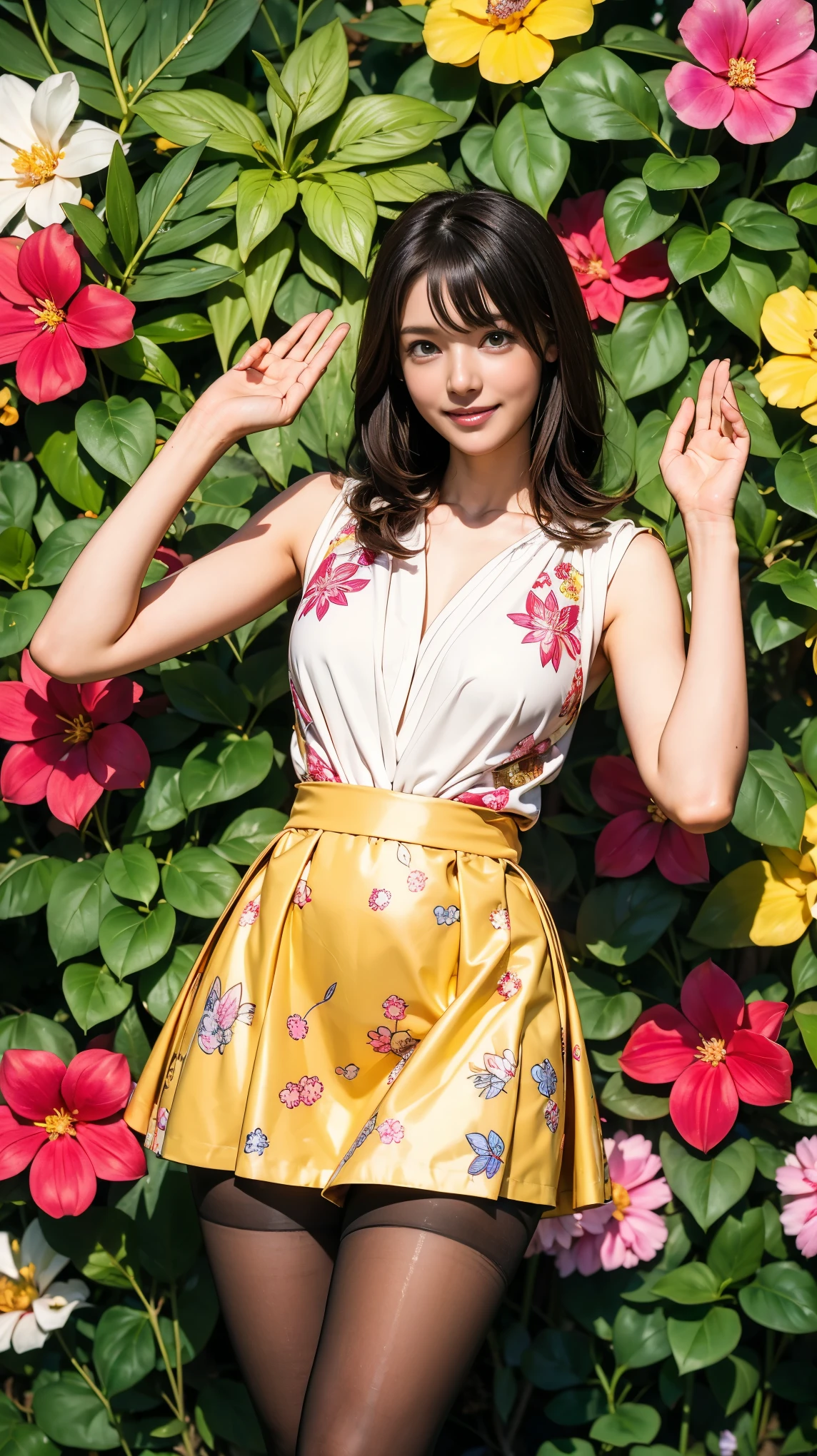 ((masterpiece)),(((Highest quality))),Thin thighs,Long legs,whole body:1.5,(One Girl:1.3),(Black pantyhose and thick pointy heels:1.3),(Wearing a mini mini flare skirt dress with floral or ornamental plant patterns:1.2),Short Blonde:1.2、Model pose,high waist:1.5、Stand with your feet apart:1.5,Raise your hands horizontally and strike a cute pose:1.5,The best smile:1.5,