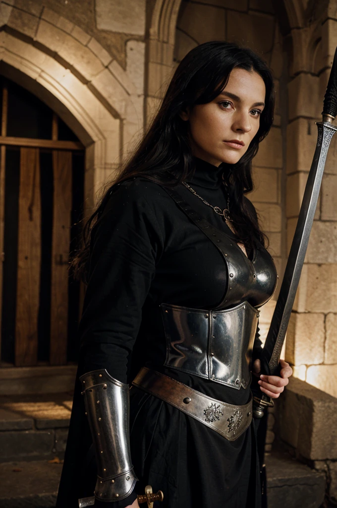 gore wicca woman in black medieval armor and with a sword