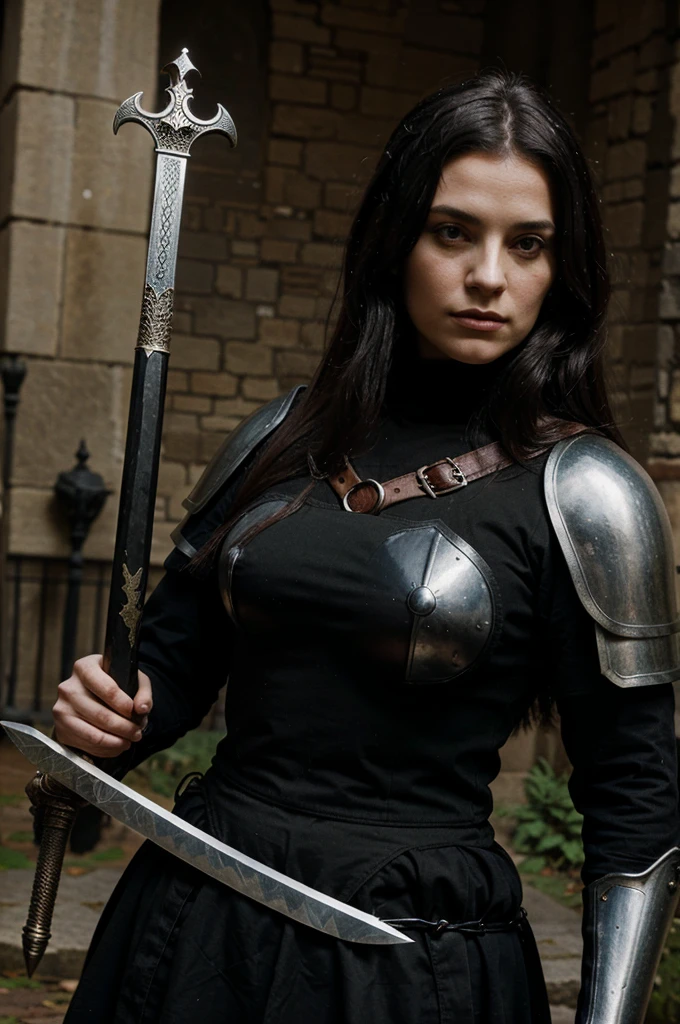gore wicca woman in black medieval armor and with a sword