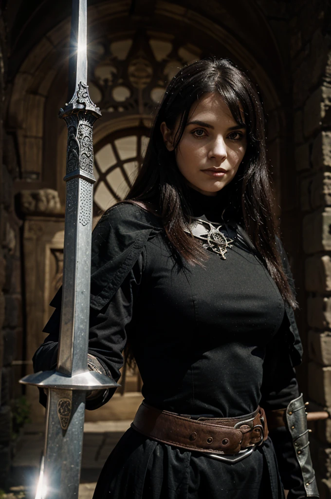 gore wicca woman in black medieval armor and with a sword