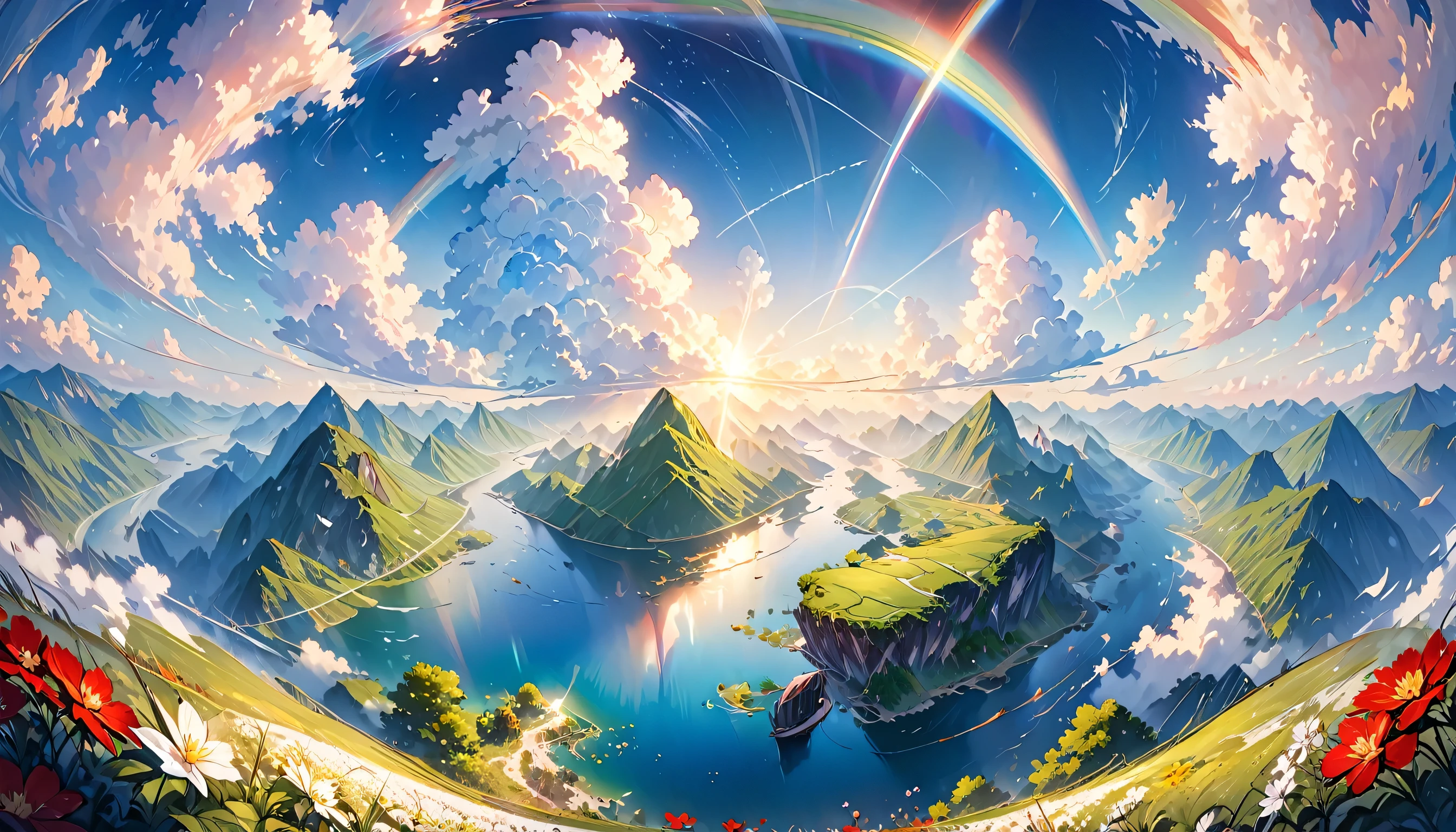(Panorama, center, masterpiece, Highest quality: 1.2), (8K、RAW Photos、Highest quality、look up:1.2、masterpiece:1.2、Genuineistic、Ultra-high resolution、High Contrast、Photon Mapping、Genuine、Very detailed、Official Art, RAW Photos、professional Lighting、 Light、Vivid atmosphere、twiceLight) ,flower々Surrounded by。Stars in the sky々And the rainbow is shining。An atmosphere that exudes the excitement of adventure。A happy and fun atmosphere。。High Fantasy Worldview,　A magnificent composition and beautiful depiction of proportions, Guardian nebula of rainbow Light and silvery vapor, Corrosion Surrounding Ray Family Color, Slimy air, The world shines with kindness and joy., Epic story,