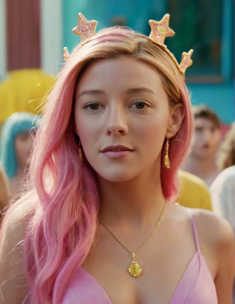 Hyperrealistic art of  Cinematic Closeup Shot Film Footage captured by Panavision Cameras and Lenses, young actress Blake Lively with a naked short fancy pink hair, elegant, yellow crown in her pink hair, woman with a surprise look on her face looking at someone in a surprise look on herface in a room, yellow crown in her hair, yellow blouse, custome of Wanda from Fairly Oddparents, with blur background of blue house and perfect warm light on Fright Night 1985 Film Style, Analogic cam, Extremely high-resolution details, photographic, realism pushed to extreme, fine texture, incredibly lifelike