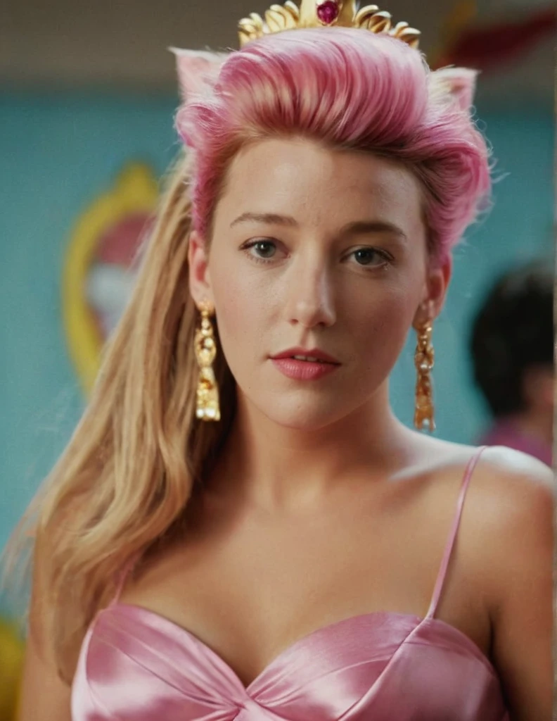 Hyperrealistic art of  Cinematic Closeup Shot Film Footage captured by Panavision Cameras and Lenses, young actress Blake Lively with a naked short fancy pink hair, elegant, yellow crown in her pink hair, woman with a surprise look on her face looking at someone in a surprise look on herface in a room, yellow crown in her hair, yellow blouse, custome of Wanda from Fairly Oddparents, with blur background of blue house and perfect warm light on Fright Night 1985 Film Style, Analogic cam, Extremely high-resolution details, photographic, realism pushed to extreme, fine texture, incredibly lifelike