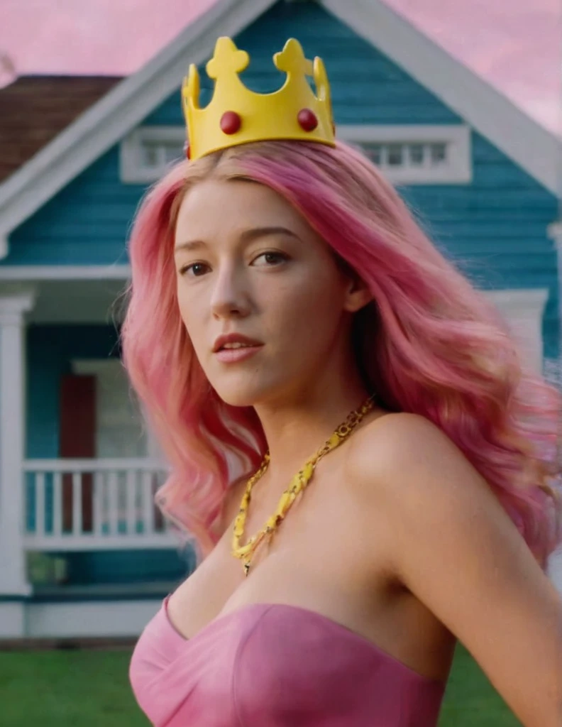 Hyperrealistic art of  Cinematic Closeup Shot Film Footage captured by Panavision Cameras and Lenses, young actress Blake Lively with a naked short fancy pink hair, elegant, yellow crown in her pink hair, woman with a surprise look on her face looking at someone in a surprise look on herface in a room, yellow crown in her hair, yellow blouse, custome of Wanda from Fairly Oddparents, with blur background of blue house and perfect warm light on Fright Night 1985 Film Style, Analogic cam, Extremely high-resolution details, photographic, realism pushed to extreme, fine texture, incredibly lifelike