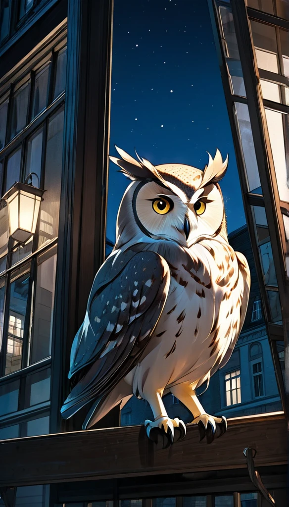 An owl in a building at night 