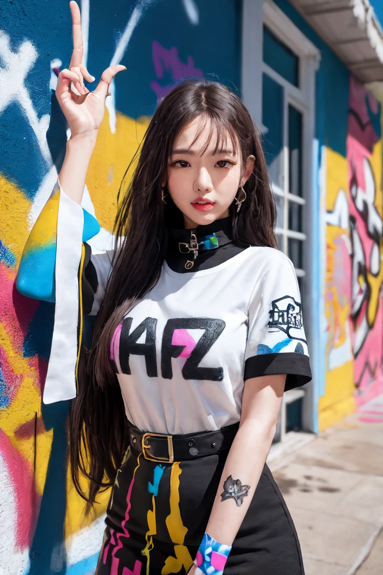 (Highest quality), masterpiece, Extremely detailed CG8K Painting, High collar, Extremely High collar saturation, All colors become darker, Painting, Graffiti art, center composition, Highly detailed lights and shadows, Graffiti wall, the walls are painted in bright colors, A girl&#39;s graffiti A girl is staring at the wall, The face and eyes are very detailed, The chest is very large、Slim waist and muscular body、Long Hair, bikini, Multicolored clouds