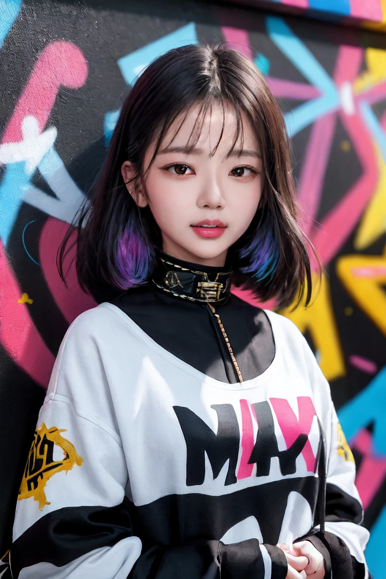 (Highest quality), masterpiece, Extremely detailed CG8K Painting, High collar, Extremely High collar saturation, All colors become darker, Painting, Graffiti art, center composition, Highly detailed lights and shadows, Graffiti wall, the walls are painted in bright colors, A girl's graffiti A girl is staring at the wall, The face and eyes are very detailed, The chest is very large、Slim waist and muscular body、Long Hair, bikini, Multicolored clouds