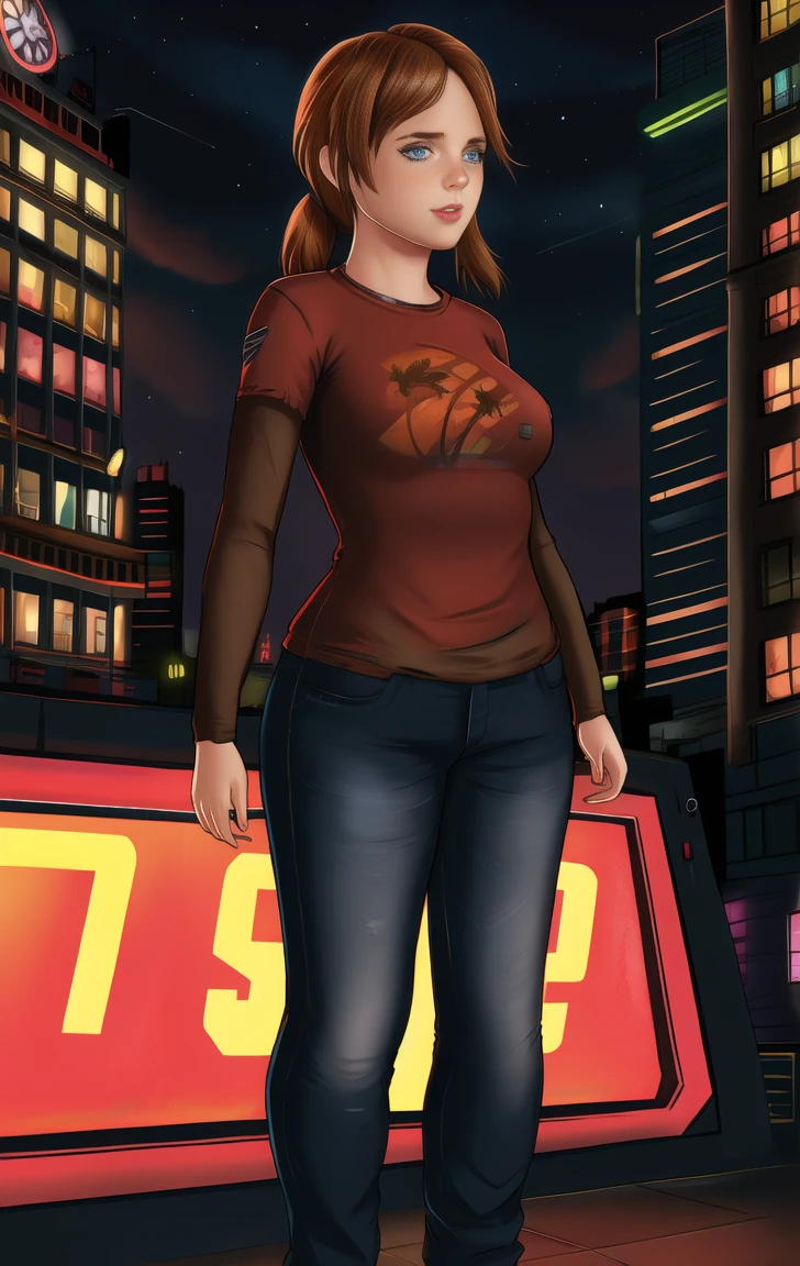 red shirt, long sleeves, standing, neon lights, night, looking at viewer, large breasts, blue jeans, solo, mercedes, light brown hair, blue eyes, elliet1