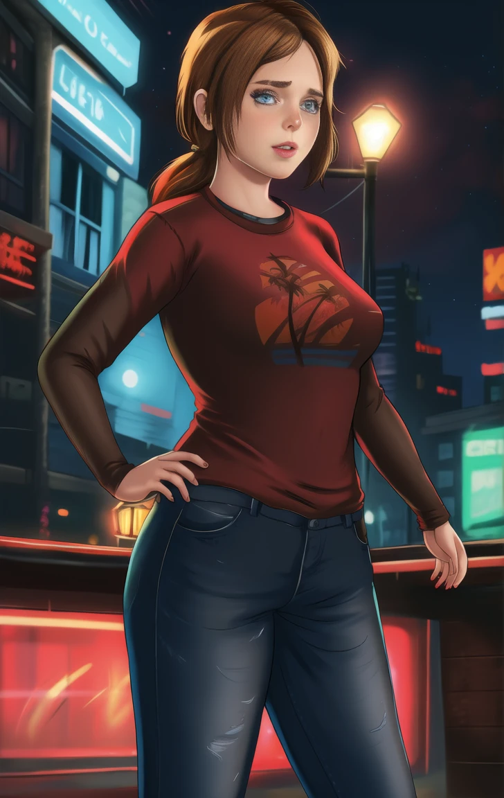 red shirt, long sleeves, standing, neon lights, night, looking at viewer, large breasts, blue jeans, solo, mercedes, light brown hair, blue eyes, elliet1