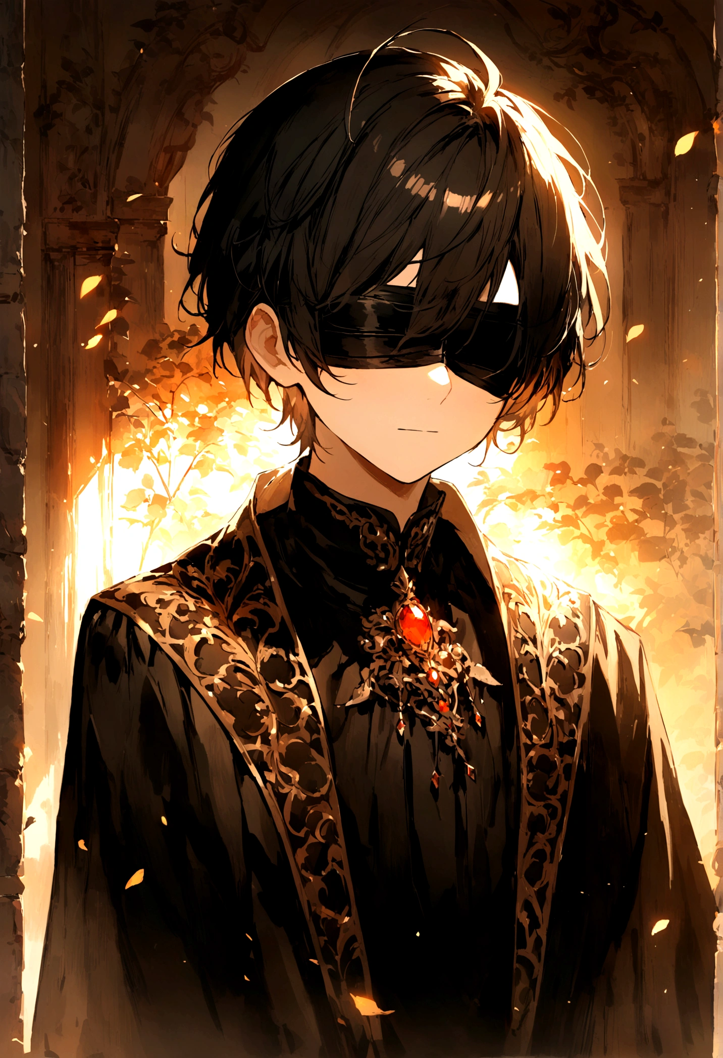 Little boy,blindfold, Meticulous painting style,Soft and fresh colors,Gentle lighting effects,Picturesque picture quality,Warm atmosphere, black clothes, black short hair