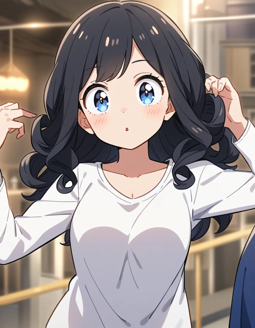 girl from the anime Boku No Hero, long curly black hair, light blue eyes, wearing a simple white long sleeve t-shirt with a V-neckline.