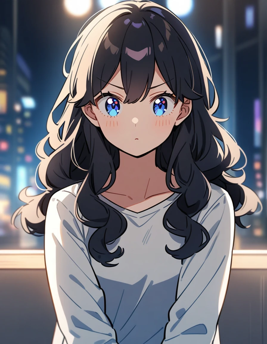 girl from the anime Boku No Hero, long curly black hair, light blue eyes, wearing a simple white long sleeve t-shirt with a V-neckline.