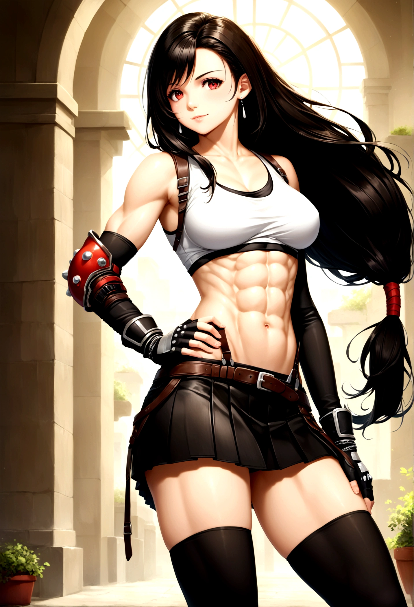 score_9, score_8_up, score_7_up,score_6, score_5,BREAK , ,from side,side view,side angle,pov,straight-on,,standing,contrapost, ,,straight-on,Solo ,1girl, tifa lockhart, final fantasy, ,black hair, low-tied long hair, red eyes, bangs, (white tank top, belt, pleated skirt, thighhighs, elbow fingerless gloves, elbow pads, midriff, navel,suspender skirt),beautiful abs:0.6 ,(large_breast:1.2),light smile,fist,hand on own hip,daytime,outdoor,(ultra detailed),(best quality),(aesthetic,very aesthetic),UHD,photorealistic,extremely detailed CG unity 8k wallpaper,anime,depth of field,,, 　　