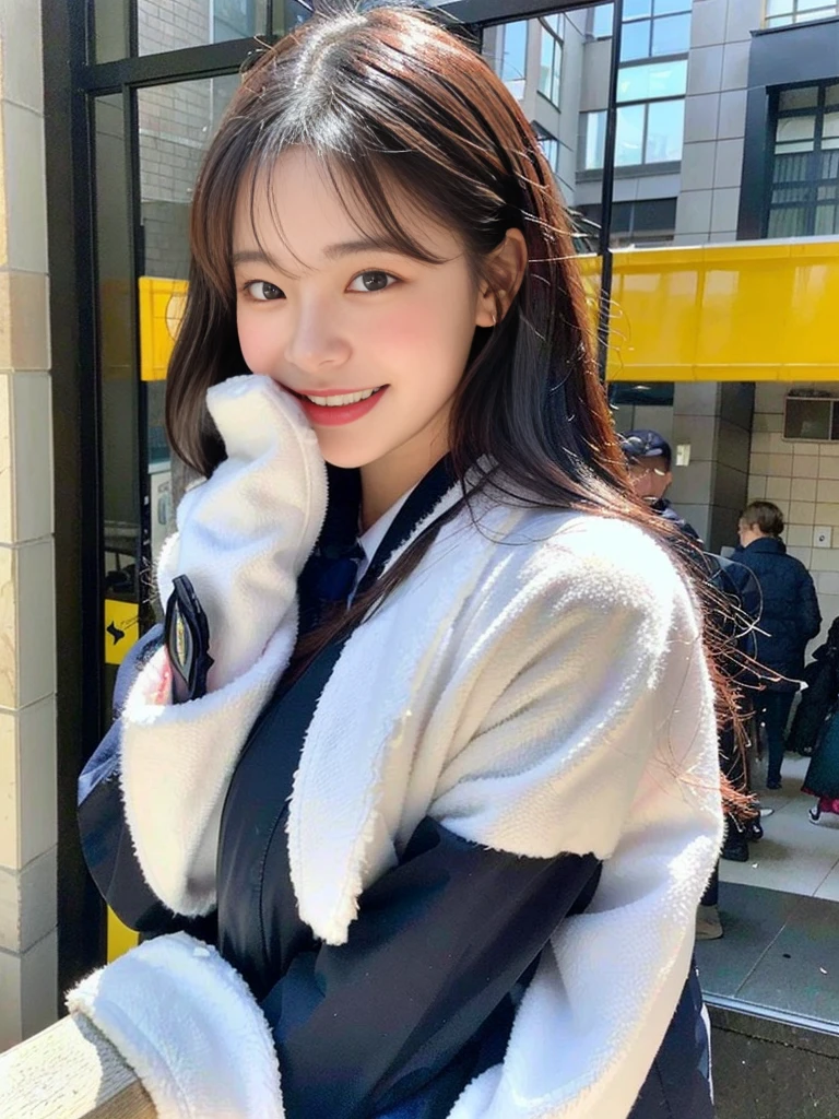 (A super cute Korean schoolgirl wearing a high-end down jacket in the style of a shyly covers her face:1.2)(Embarrassed look,I grin in embarrassment.:1.1)(Beautiful Sweat:1.1)(16K, RAW Photos, Highest quality, masterpiece: 1.2),(Shiny and beautiful black long hair) Super detailed, Super Resolution, (Genuine, Genuine photos: 1.37), Portraiture, High-resolution RAW color photos, Professional photos, Very detailed, 8k wallpaper, Very detailed CG Unity 8k wallpaper, Very detailed beautiful girls, Very detailed faces, ((whole body)), beautiful woman, Huge breasts,(huge boobs:1.1) (Big Boobs:1.1), beautiful (Wearing a high-end down jacket in the style of a school uniform),high school girl, Korean Girls,(K-POP Female Idols), (Idol-class beauty)(Beautiful high school girl:1.1)(Blizzard sidewalk)(16 years old)Date,Fluffy gloves,neck warmer,