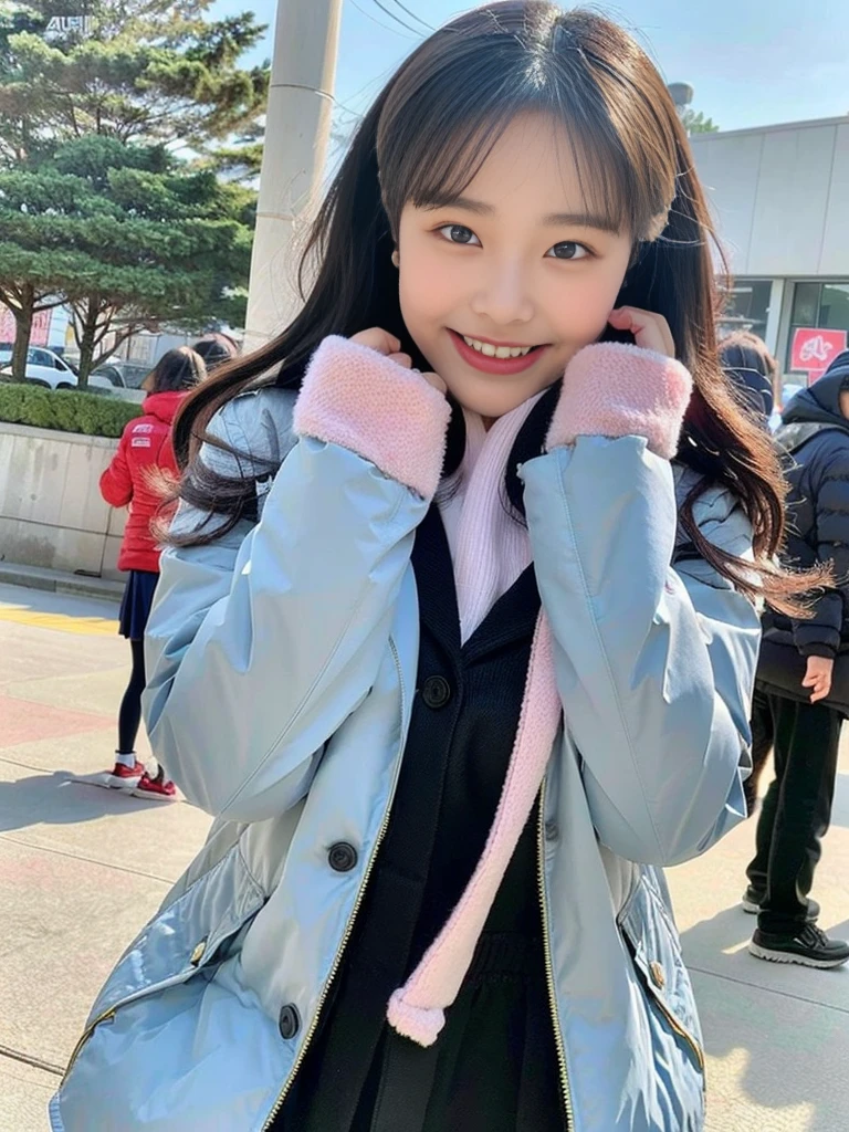 (A super cute Korean schoolgirl wearing a high-end down jacket in the style of a shyly covers her face:1.2)(Embarrassed look,I grin in embarrassment.:1.1)(Beautiful Sweat:1.1)(16K, RAW Photos, Highest quality, masterpiece: 1.2),(Shiny and beautiful black long hair) Super detailed, Super Resolution, (Genuine, Genuine photos: 1.37), Portraiture, High-resolution RAW color photos, Professional photos, Very detailed, 8k wallpaper, Very detailed CG Unity 8k wallpaper, Very detailed beautiful girls, Very detailed faces, ((whole body)), beautiful woman, Huge breasts,(huge boobs:1.1) (Big Boobs:1.1), beautiful (Wearing a high-end down jacket in the style of a school uniform),high school girl, Korean Girls,(K-POP Female Idols), (Idol-class beauty)(Beautiful high school girl:1.1)(Blizzard sidewalk)(16 years old)Date,Fluffy gloves,neck warmer,