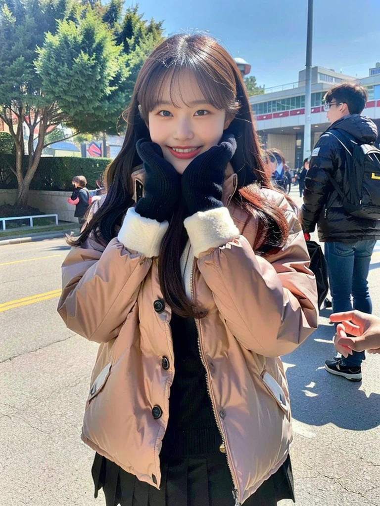 (A super cute Korean schoolgirl wearing a high-end down jacket in the style of a shyly covers her face:1.2)(Embarrassed look,I grin in embarrassment.:1.1)(Beautiful Sweat:1.1)(16K, RAW Photos, Highest quality, masterpiece: 1.2),(Shiny and beautiful black long hair) Super detailed, Super Resolution, (Genuine, Genuine photos: 1.37), Portraiture, High-resolution RAW color photos, Professional photos, Very detailed, 8k wallpaper, Very detailed CG Unity 8k wallpaper, Very detailed beautiful girls, Very detailed faces, ((whole body)), beautiful woman, Huge breasts,(huge boobs:1.1) (Big Boobs:1.1), beautiful (Wearing a high-end down jacket in the style of a school uniform),high school girl, Korean Girls,(K-POP Female Idols), (Idol-class beauty)(Beautiful high school girl:1.1)(Blizzard sidewalk)()Date,Fluffy gloves,neck warmer,
