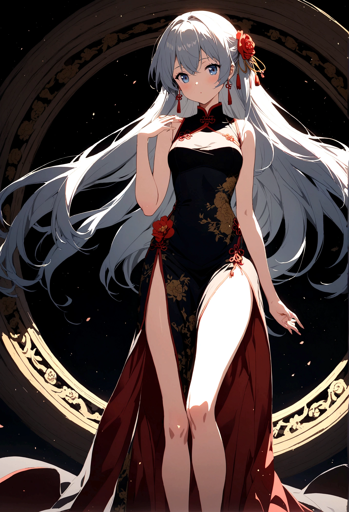 A beautiful anime girl in a long, elegant chinese-style dress, showing a glimpse of her thigh