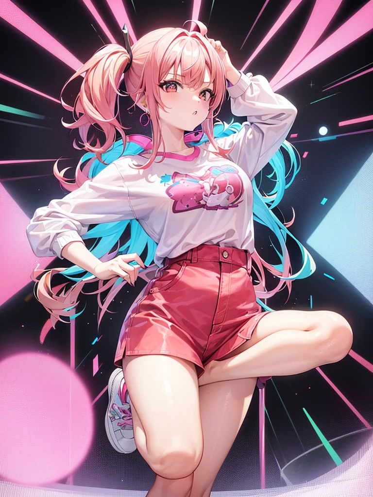 a girl, red hair, two pigtails (one pink and one blue), blonde, white shirt with a transparent texture, full body, brown eyes looking at the viewer, possessive look, white skin, earrings in her ears, colorful tattoos in the arm and legs, High Quality, Lensses