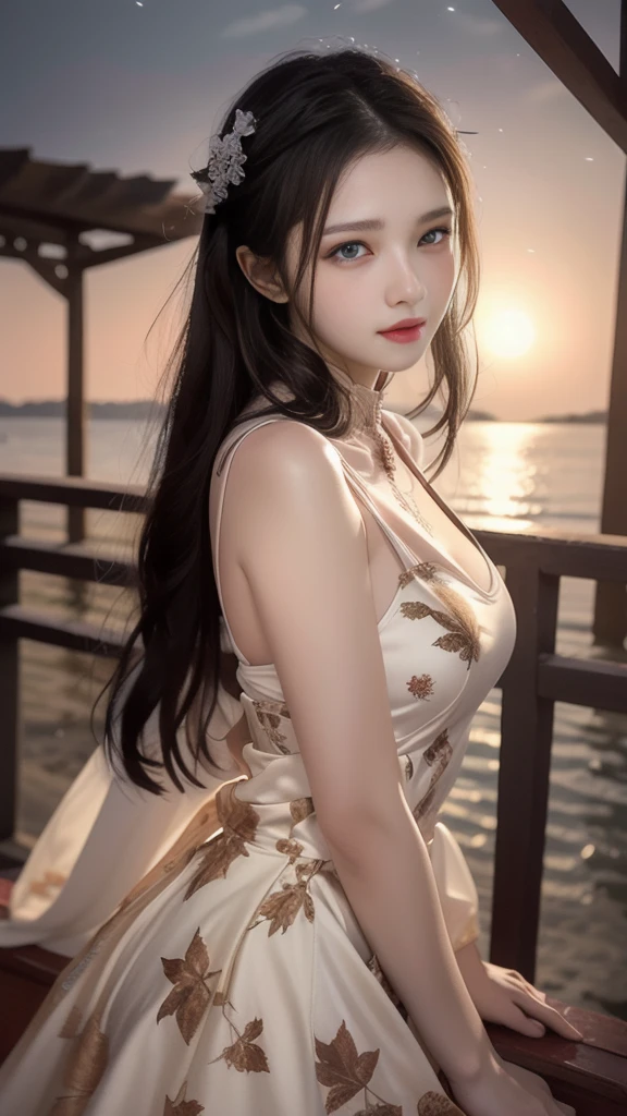 (high quality, 8k, original character), (fact: 1.5), (masterpiece, 最high quality, High resolution: 1.2), girl, summer night, (Stockings Smooth texture: 1.5), Sexy skirt, Delicate eyes, Delicate image, boat, river, To the camera, Behind her is a large lotus flower., moonlight, Wind, fire Fly