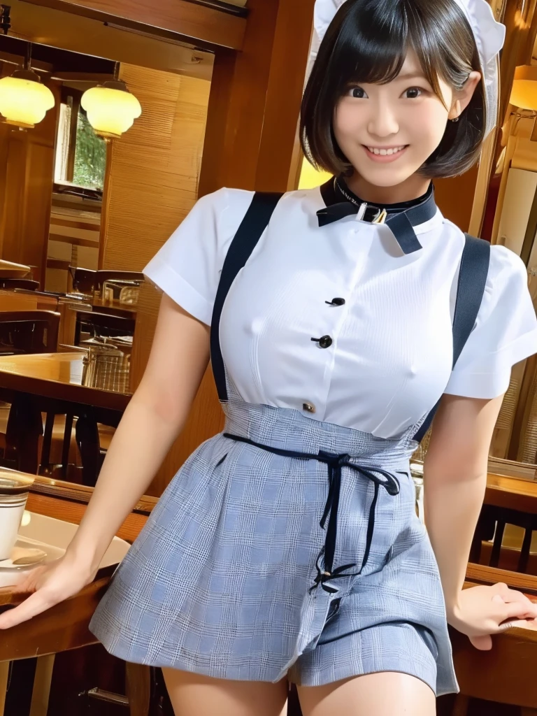 Highest quality、masterpiece、、Very detailed、Realistic、(One girl)、(Looking at me with a mischievous smile)、whole body、Small face、Narrow shoulders、(Big Breasts)、Thin and beautiful legs、Tight and slim waist、(Waitress uniform with buttons and collar:1.2)、(Light blue plaid mini skirt:1.1)、Short Hair、(Erect nipples:1.1)、apron、restaurant