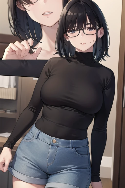 kasumimiyoshi, kasumi miyoshi, bangs, black hair, hair between eyes, (black eyes:1.5), medium hair, mole, black-framed eyewear, plump,
BREAK turtleneck, long sleeves, shorts,
BREAK indoors,
BREAK looking at viewer, (cowboy shot:1.5),
BREAK (masterpiece:1.2), best quality, high resolution, unity 8k wallpaper, (illustration:0.8), (beautiful detailed eyes:1.6), extremely detailed face, perfect lighting, extremely detailed CG, (perfect hands, perfect anatomy),