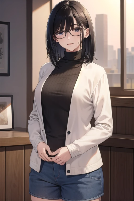 kasumimiyoshi, kasumi miyoshi, bangs, black hair, hair between eyes, (black eyes:1.5), medium hair, mole, black-framed eyewear, plump,
BREAK turtleneck, long sleeves, shorts,
BREAK indoors,
BREAK looking at viewer, (cowboy shot:1.5),
BREAK (masterpiece:1.2), best quality, high resolution, unity 8k wallpaper, (illustration:0.8), (beautiful detailed eyes:1.6), extremely detailed face, perfect lighting, extremely detailed CG, (perfect hands, perfect anatomy),