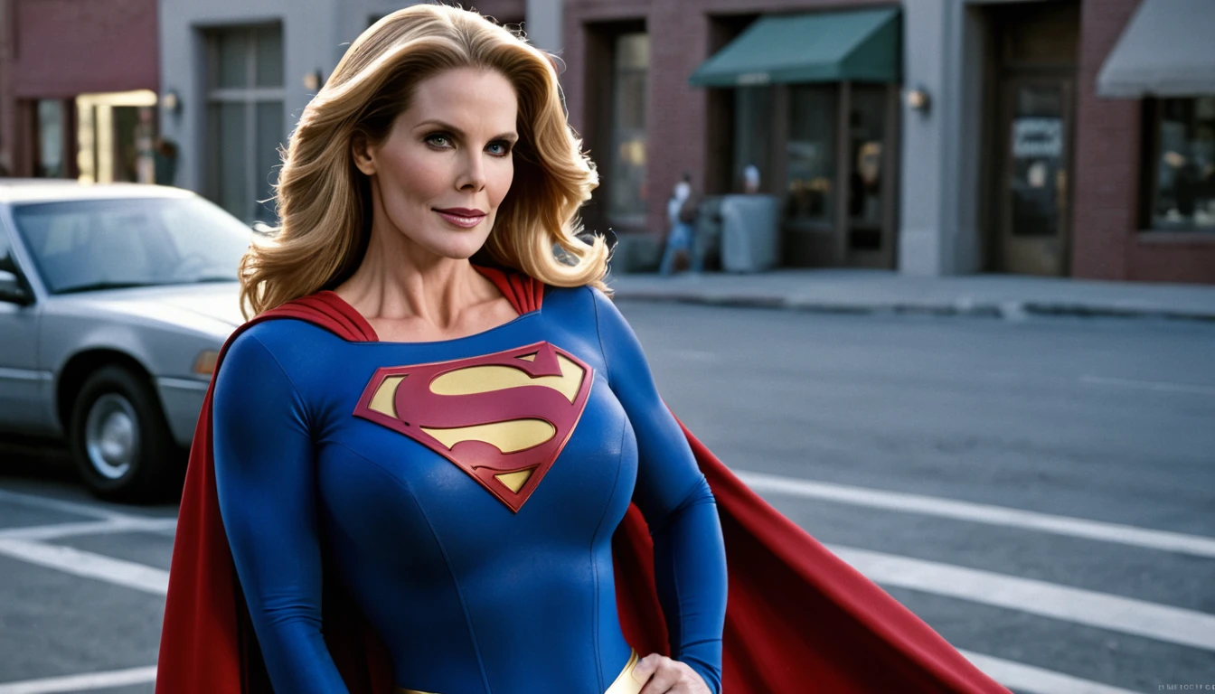strong Julie Hagerty Supergirl; big and strong breasts. HD. Photograph, ((realism)), extremely high quality RAW photograph, ultra detailed photograph, sharp focus, high resolution, (detailed skin:1,3),high quality, film grain, Fujifilm XT3,Highly Detailed, movie, (Cinematic Photo:1.3) of (Realistic:1.3)