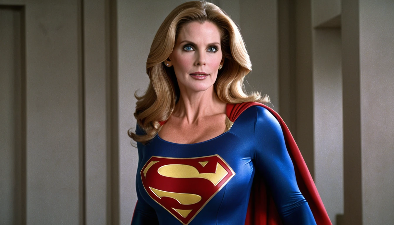 strong Julie Hagerty Supergirl; big and strong breasts. HD. Photograph, ((realism)), extremely high quality RAW photograph, ultra detailed photograph, sharp focus, high resolution, (detailed skin:1,3),high quality, film grain, Fujifilm XT3,Highly Detailed, movie, (Cinematic Photo:1.3) of (Realistic:1.3)