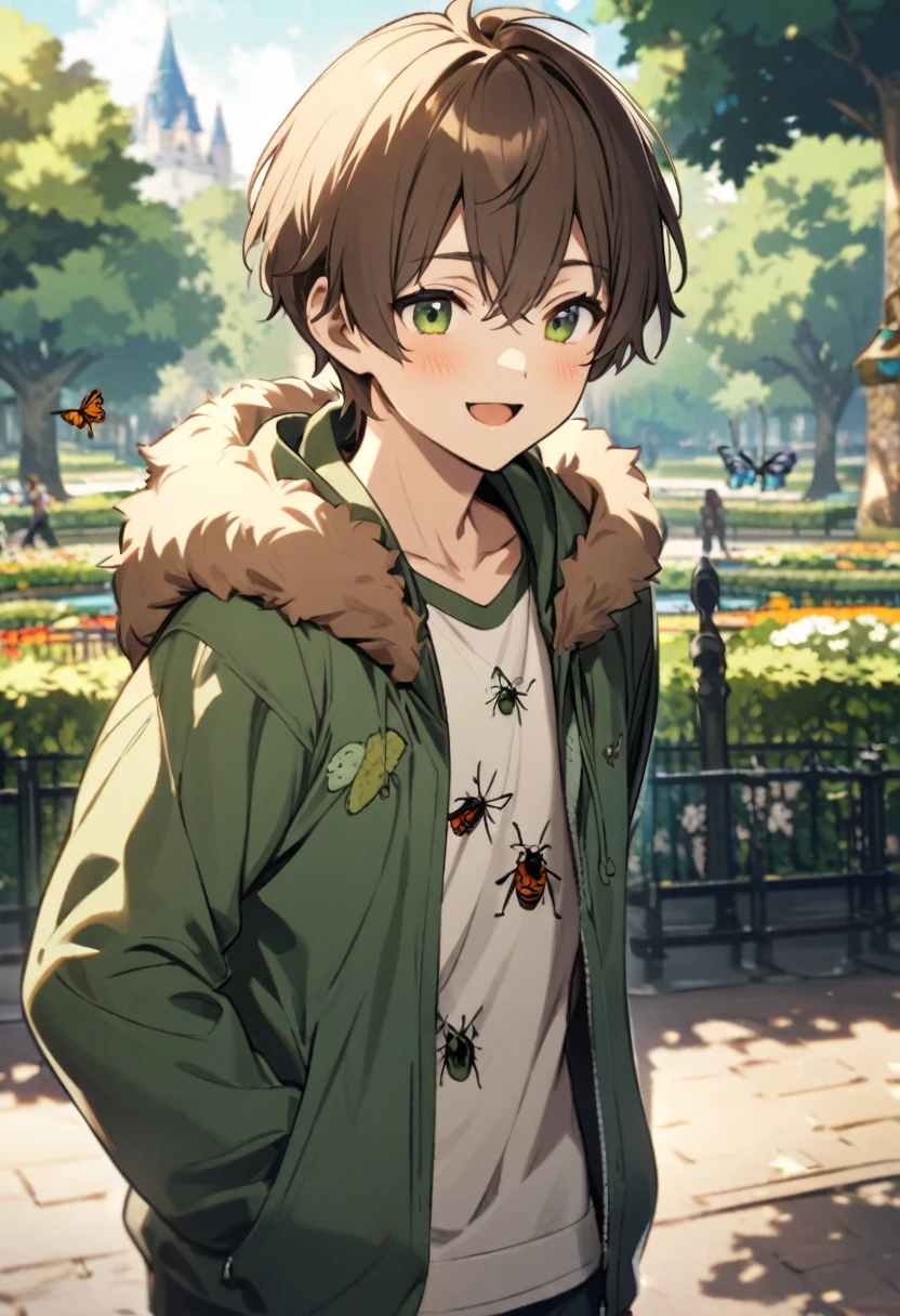 young male, brown fluffy short hair, dark green open hoodie, (bug theme), park background, friendly