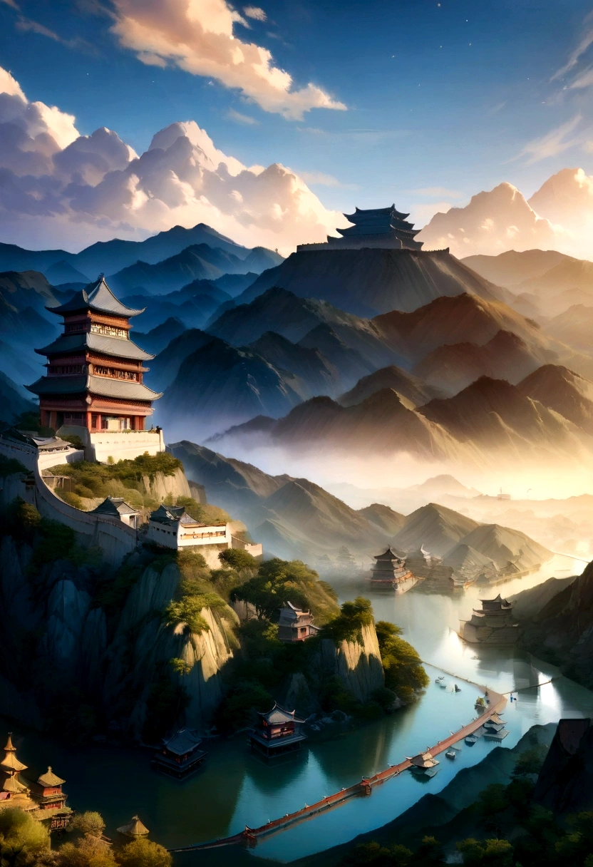 a view of a mountain with a pagoda on top, ancient chinese tower, Beautiful Rendering of the Tang Dynasty, chinese landscape, cyberpunk chinese ancient castle, cinematic silk road lanscape, Chinese dreamland, ancient Chinese architecture, Pintura digital de um pagode, high quality matte painting, mountain fortress city, dreamy chinese town, pagodas on hills