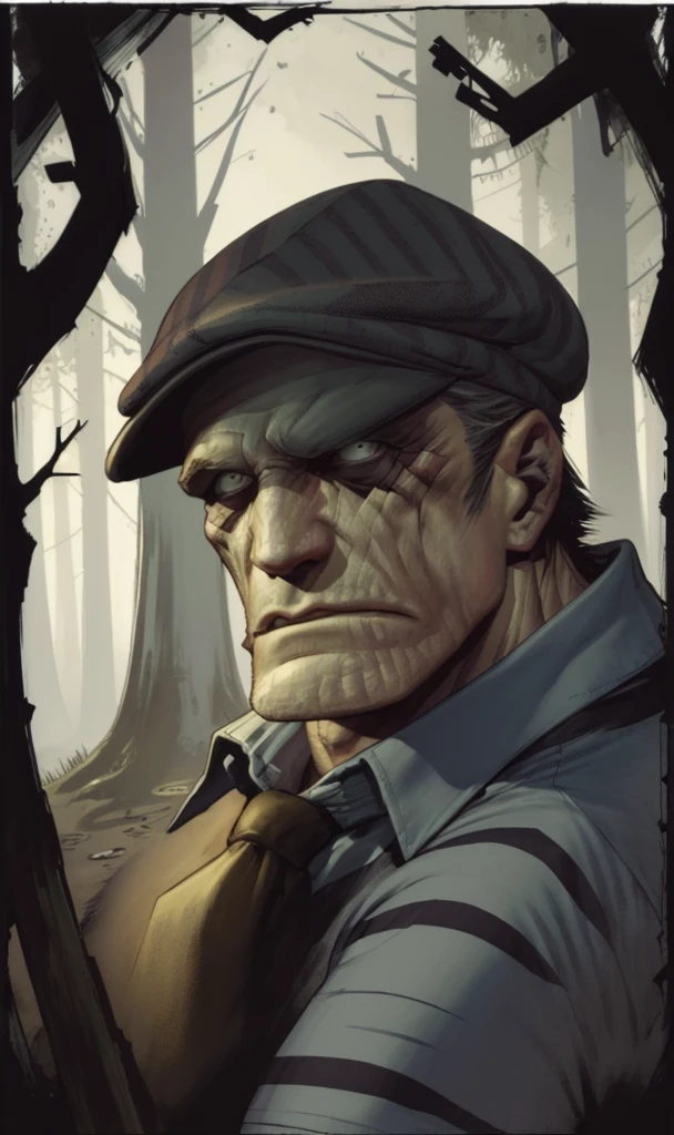 EricPowell2023, Longhaire, thin and with the most melted face illustration, henchman, animated cartoon, striped shirt, flat cap, stark, Speakeasy, in front of an ominous cabin in the gloomy forest