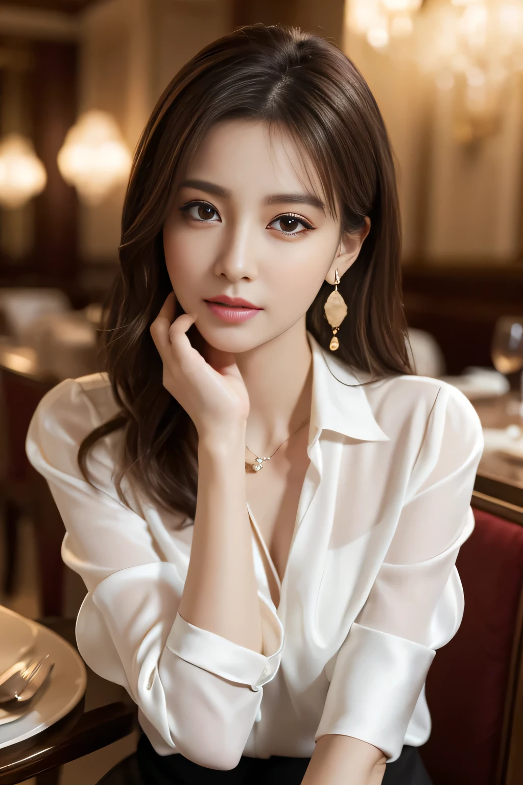 masterpiece, Highest quality, Realistic, Very detailed, Finer details, High resolution, 8k wallpaper, One beautiful woman, Wear an elegant white silk blouse, In a great restaurant, At night, Light brown messy hair, Perfect dynamic composition, Beautiful and beautiful eyes、Big earrings、Sit on a chair、