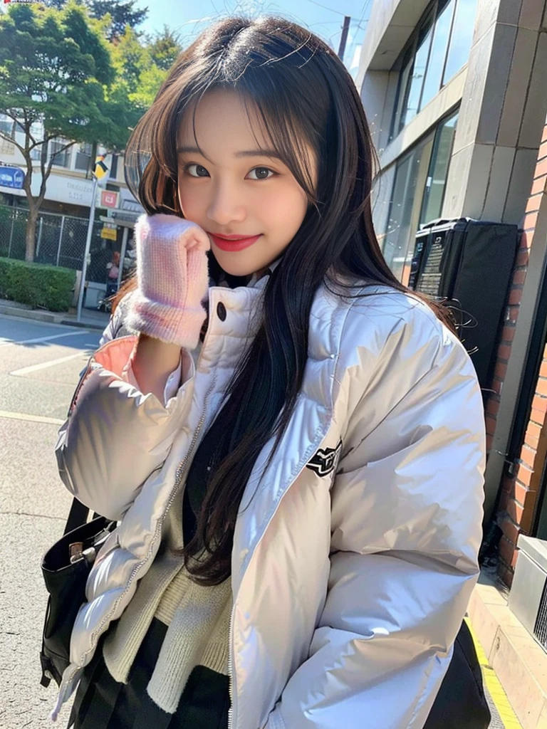 (A super cute Korean schoolgirl wearing a high-end down jacket in the style of a  shyly covers her face:1.2)(Embarrassed look,I grin in embarrassment.:1.1)(Beautiful Sweat:1.1)(16K, RAW Photos, Highest quality, masterpiece: 1.2),(Shiny and beautiful black long hair) Super detailed, Super Resolution, (Genuine, Genuine photos: 1.37), Portraiture, High-resolution RAW color photos, Professional photos, Very detailed, 8k wallpaper, Very detailed CG Unity 8k wallpaper, Very detailed beautiful girls, Very detailed faces, ((whole body)), beautiful woman, Huge breasts,(huge boobs:1.1) (Big Boobs:1.1), beautiful  (Wearing a high-end down jacket in the style of a school uniform),high school girl, Korean Girls,(K-POP Female Idols), (Idol-class beauty)(Beautiful high school girl:1.1)(Blizzard sidewalk)()Date,Fluffy gloves,neck warmer,