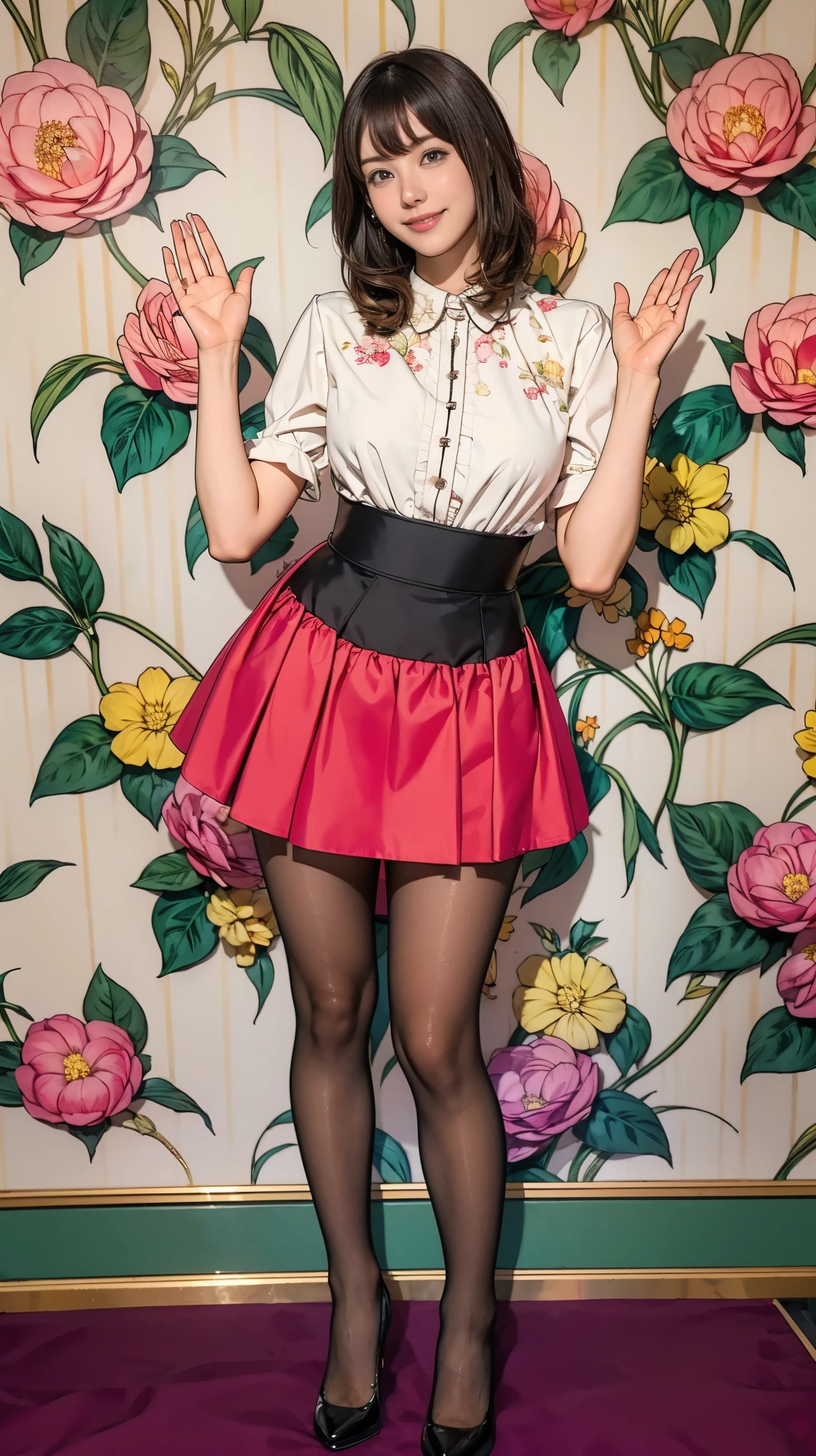 ((masterpiece)),(((Highest quality))),Thin thighs,Long legs,whole body:1.5，(One Girl:1.3),(Black pantyhose and thick pointy heels：1.3),(Wearing a mini mini flare skirt dress with floral or ornamental plant patterns:1.2),Short Blonde:1.2、Model pose，high waist:1.5、Stand with your feet apart:1.5，Raise your hands horizontally and strike a cute pose:1.5，The best smile:1.5，