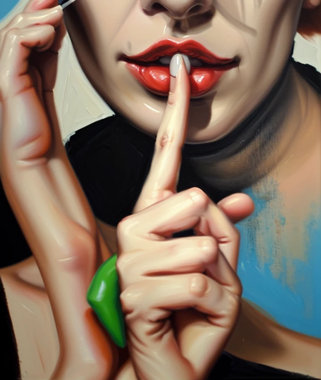 1 painting of a woman putting her finger to her lips, Oral delivery, Acrylic on canvas, Do not speak evil, Acrylic oil on canvas, Her hand on her chin, Oil on canvas painting, by Antonio Saura, Closed image, By Sheila McLean, Oil on detailed canvas, Unknown artist, By Thomas Wick, oil and Acrylic on canvas, Diego Dyer