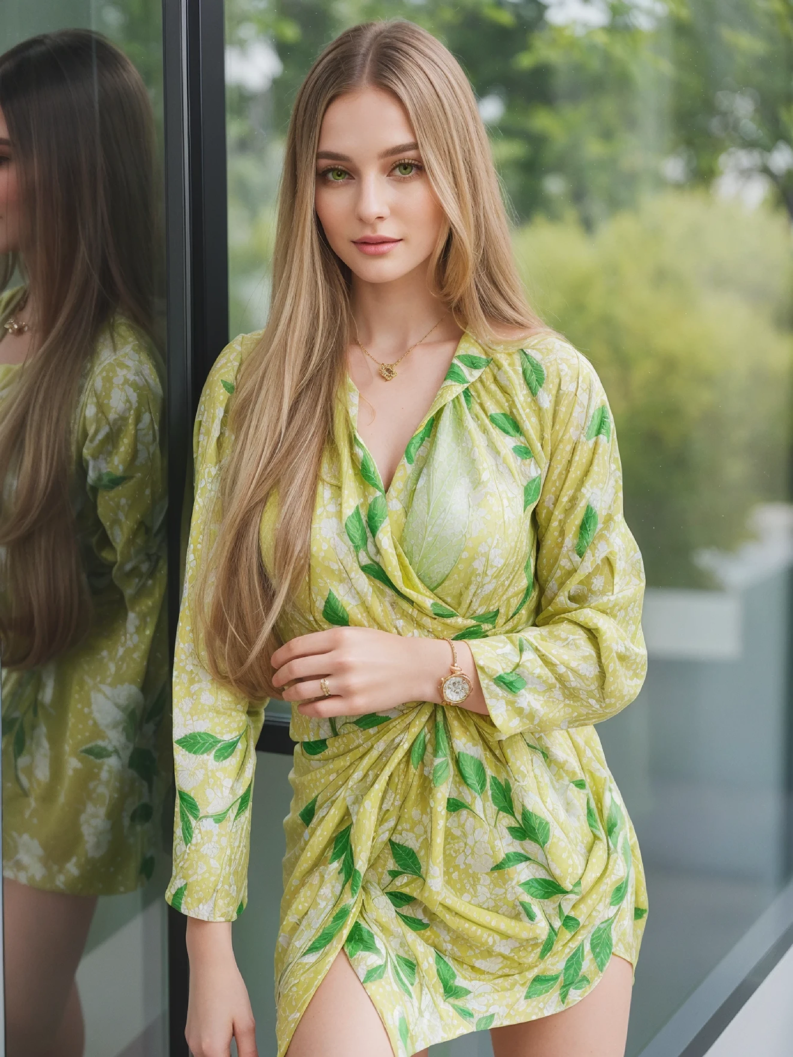 araffed woman in a yellow and green dress standing in front of a glass door, embellished yellow dress, green and yellow tones, 🐿🍸🍋, 🤬 🤮 💕 🎀, yellow and green, green and yellow, Dasha Taran, vine dress, Angelina Stroganova, patterned clothing, beautiful lady, dress in rococo style