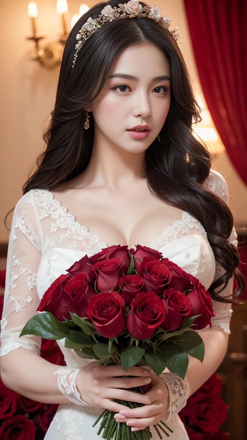 masterpiece、Highest quality、Detailed_skin、hair、Very large breasts:1.8、Lots of red roses on the background:1.5、lace、see-through、Cinematic:1.35