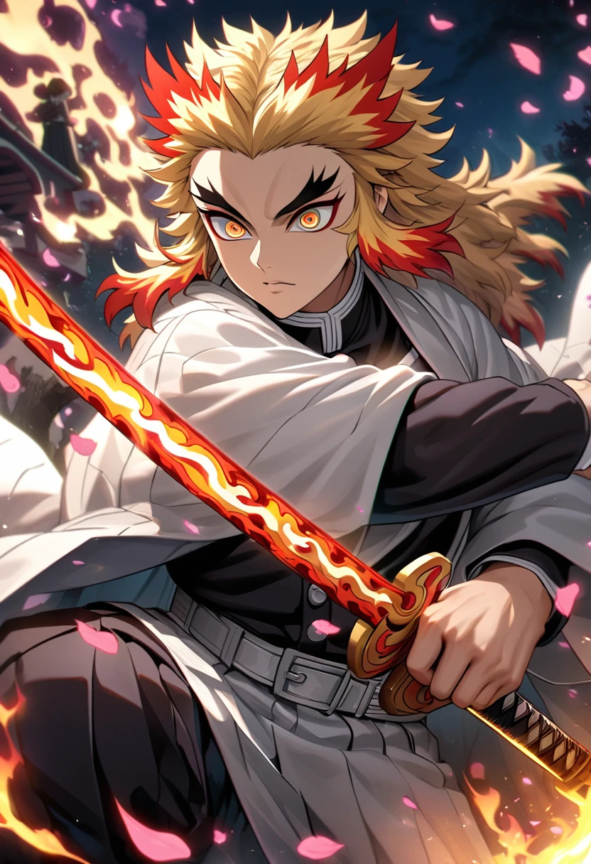 Ultra detailed, Highres, absurdres, HDR, Rengoku Kyojuro, golden eyes, blond hair, flames around him, holding sword, Kimetsu No Yaiba, white haori, black demon uniform, purple leaves, petals,fighting pose