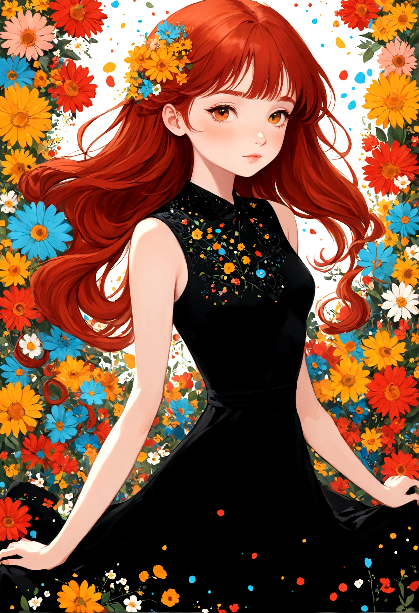 Bright colors, girl, black dress, decorated, flowers and color spots, reddish hair, perfect, very detailed, error editing, no errors 