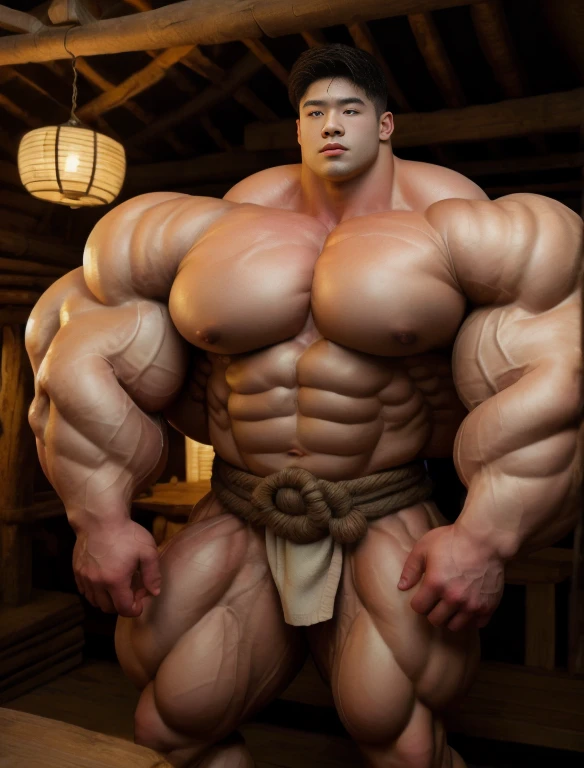 1 asian boy, giant, alone, giant bodybuilder, dim light, strong body, bulk, large size, staring, standing at wood village hut, naked, nude, white simple loincloth, big bulge, extraordinary big, brutalmass, giant muscular body, bulk, buff, massive body, large meaty body size, extremely wide body, sweaty, brown skin