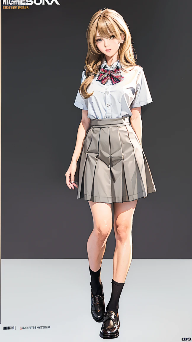 ((Best Quality,4k,high resolution,Masterpiece:1.2)),((character concept art)), 1 female, age woman, gyaru high school girl, ((long hair dyed brown or blonde)), hairstyle with many accessories, (tan skin color), ultra finely detailed eyes (decorative contact lenses), Fashion, extrovert, socially active, slim body build, ((intricate detail)), super finely detailed hands, ultra finely detailed fingers(((ten fingers))), Wear white short-sleeved school shirt with bow tie, gray school skirt, knee high school socks, and black school loafers, Heavy makeup, (standing casually), (full body showcase), (show the whole body), (no logos in the background), (no logo), ((plain background)), ((plain background)), (((empty background)))