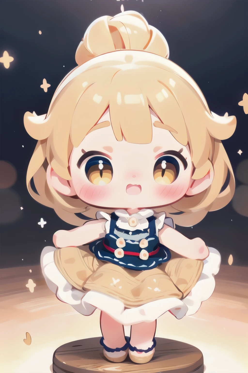 Chibi Girl Doll、Spinning gracefully、Dresses fluttering in the wind、Detailed facial features、Aggressive composition、Elegant hairstyle、Delicate feminine figure、Photorealistic、high quality、Ultra-realistic、Very detailed、Cinematic lighting、Warm color palette、Dramatic lighting、Complex fabric texture、Fluid movement、masterpiece