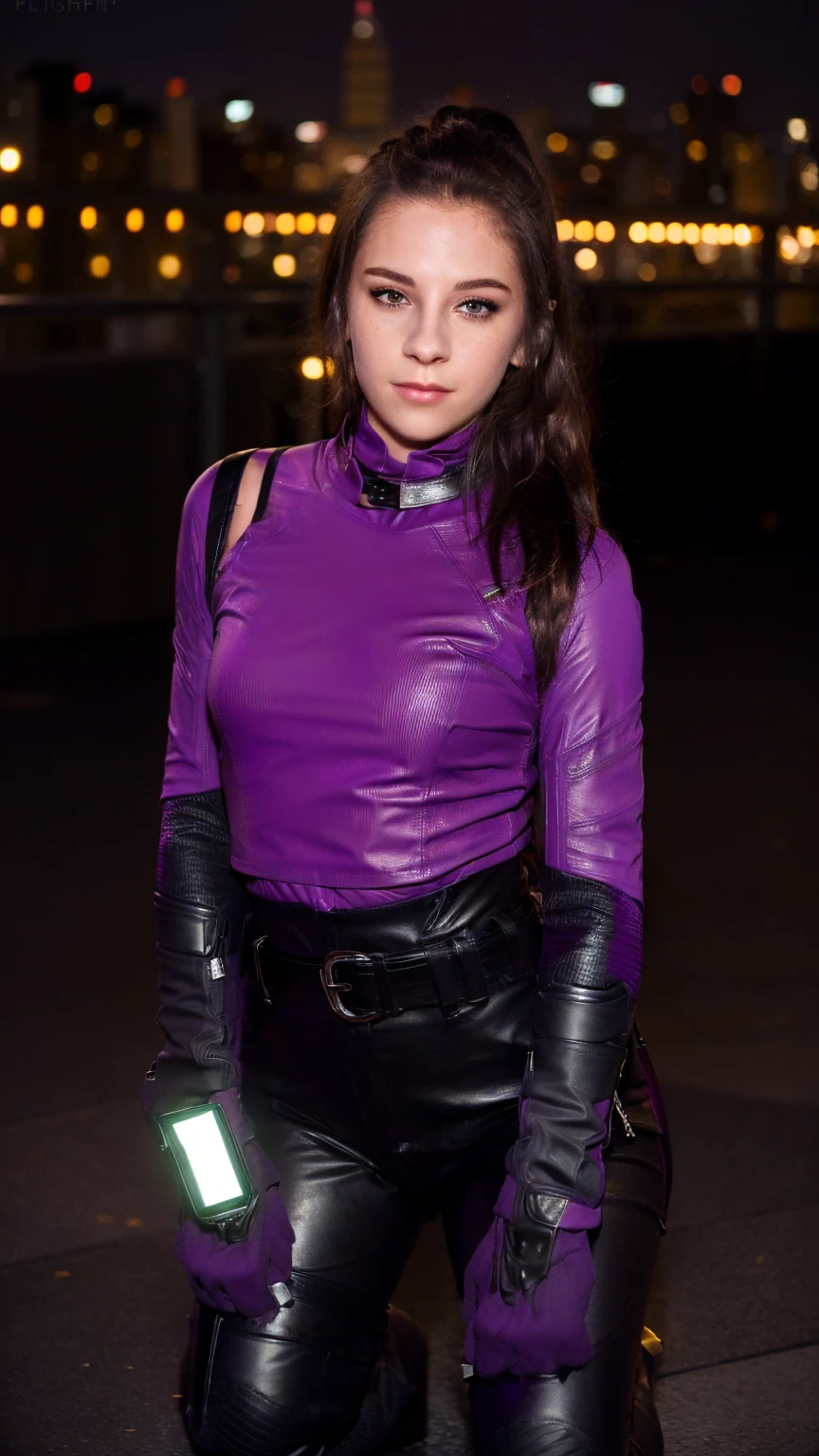 (masterpiece), (photorealistic1.4), (epiCRealLife), (lora:KateBishopFNLoRA:1.0 ribbed bodysuit costume), (KateBishopFNLoRA black leather pants), (KateBishopFNLoRA utilities belt), (leg holster) (KateBishopFNLoRA black gloves), (Kate Bishop Purple Costume),, (epiCFlashPhoto), (harness), (medium height), (ponytail), (young woman), ,(flashphoto), (flash photography), (make up) ,(kst3w-v2 ), (on New York Rooftop), (squatting), (