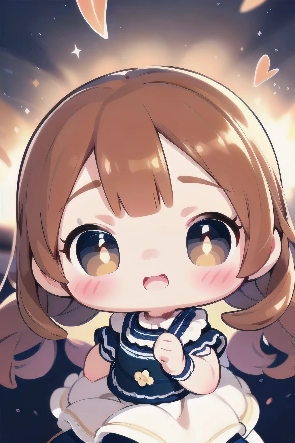 Chibi Girl Doll、Spinning gracefully、Dresses fluttering in the wind、Detailed facial features、Aggressive composition、Elegant hairstyle、Delicate feminine figure、Photorealistic、high quality、Ultra-realistic、Very detailed、Cinematic lighting、Warm color palette、Dramatic lighting、Complex fabric texture、Fluid movement、masterpiece
