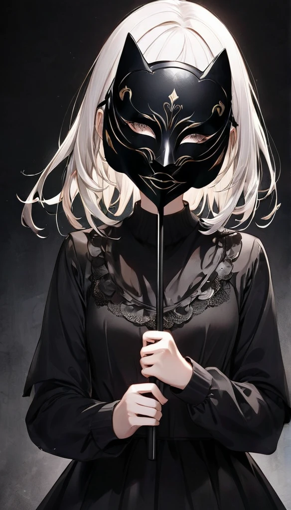 A faceless girl with a mask in her hand and a dark background