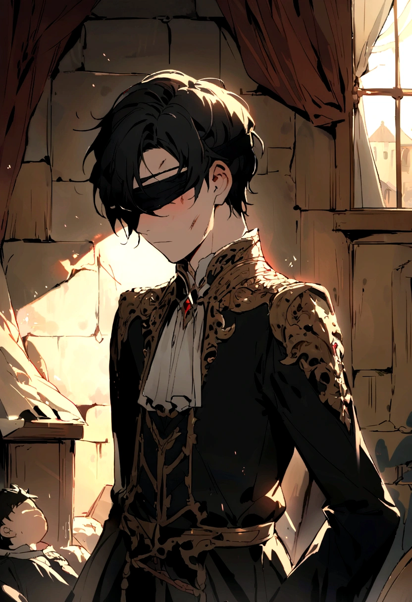 Little boy,blindfold, Meticulous painting style,Soft and fresh colors,Gentle lighting effects,Picturesque picture quality,Warm atmosphere, black clothes, black short hair, beaten up